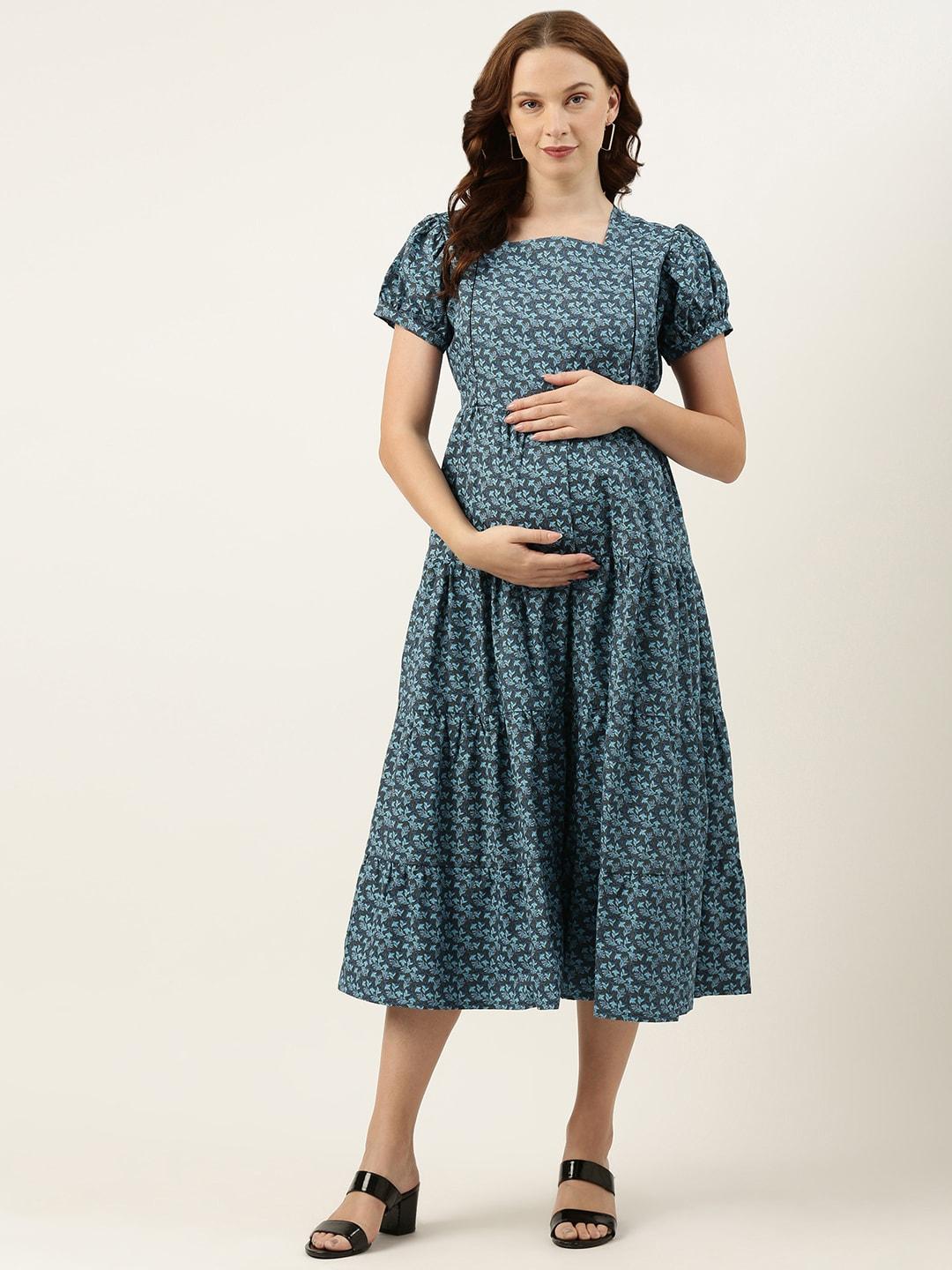 nejo-blue-print-puff-sleeve-maternity-a-line-dress