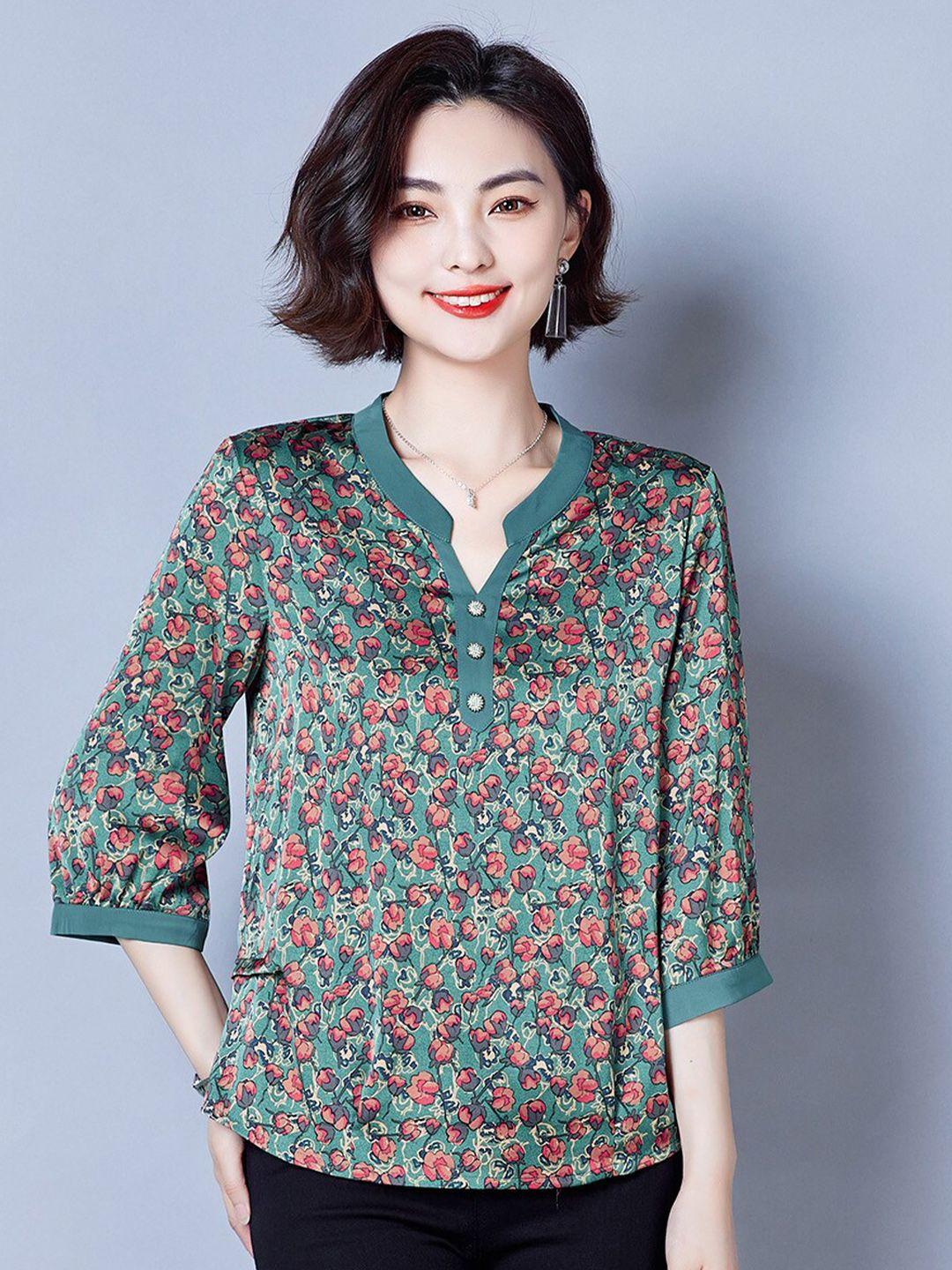 JC Collection Floral Printed Mandarin Collar Shirt Style Top