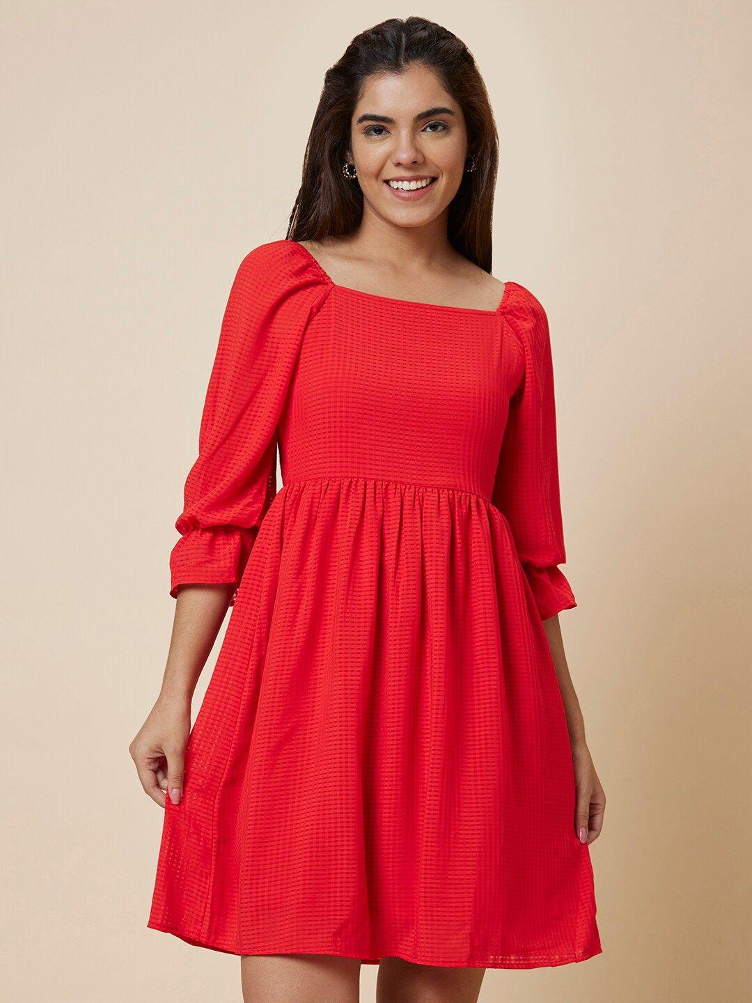 Globus Red Puff Sleeve Fit & Flare Dress