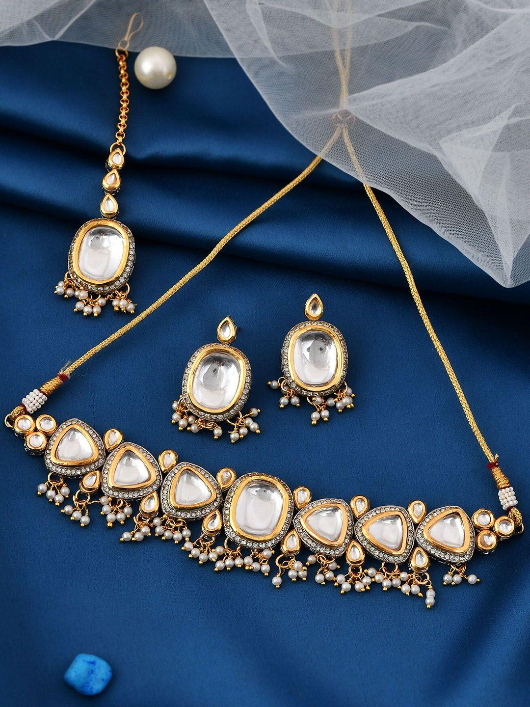 Shoshaa Gold-Plated CZ Stone-Studded & Beaded Polki Jewellery Set
