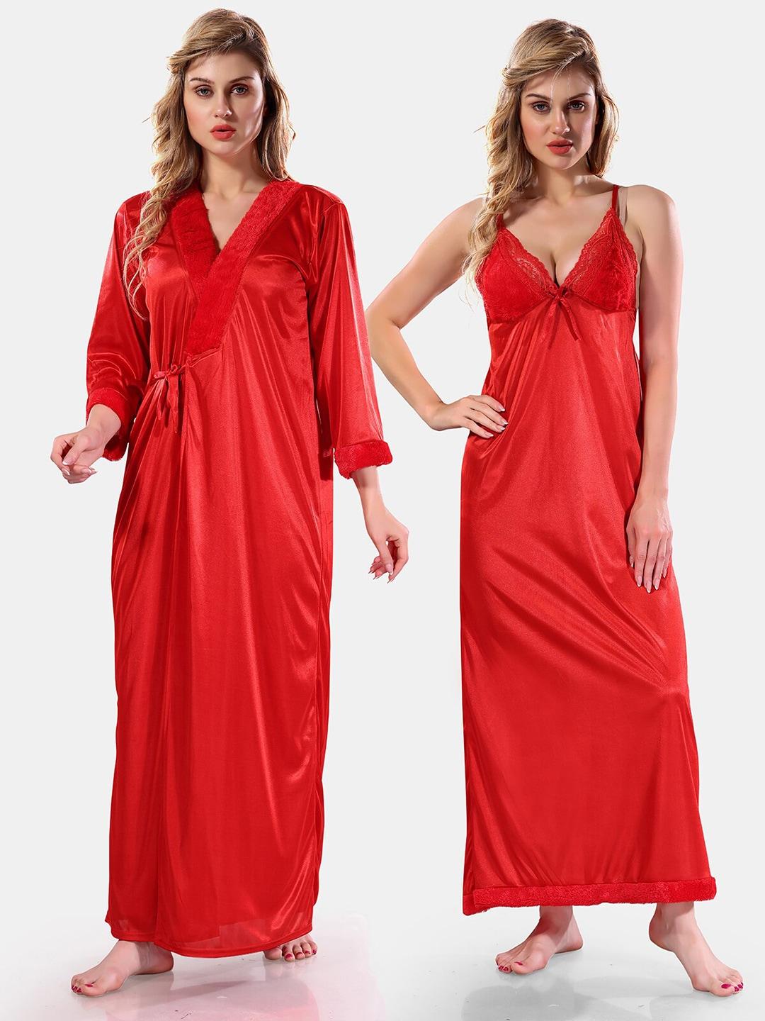 Be You V Neck Lace Up Details Satin Maxi Nightdress With Robe