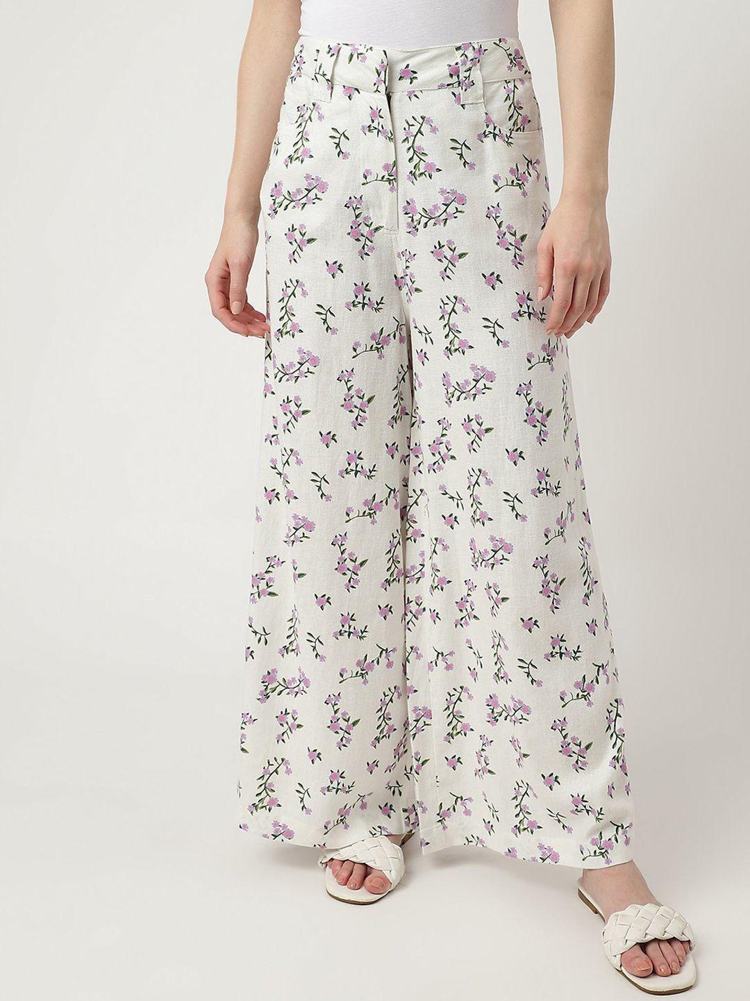 Marks & Spencer Women Floral Printed High-Rise Linen Trousers
