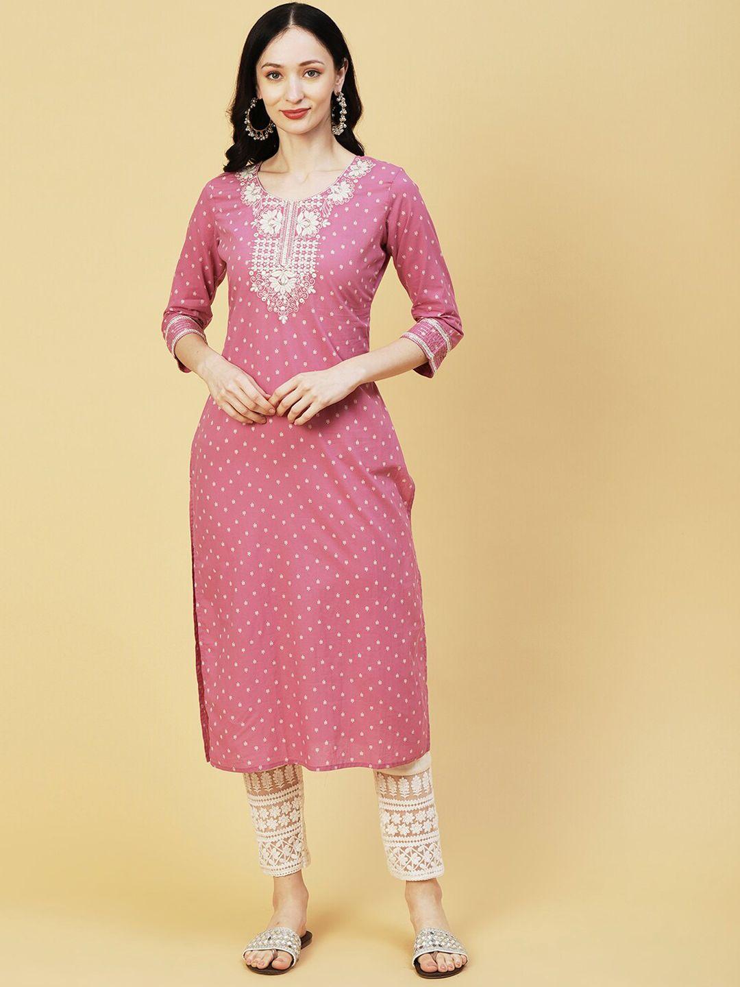 fashor-pink-&-white-ethnic-motif-printed-thread-work-pure-cotton-kurta
