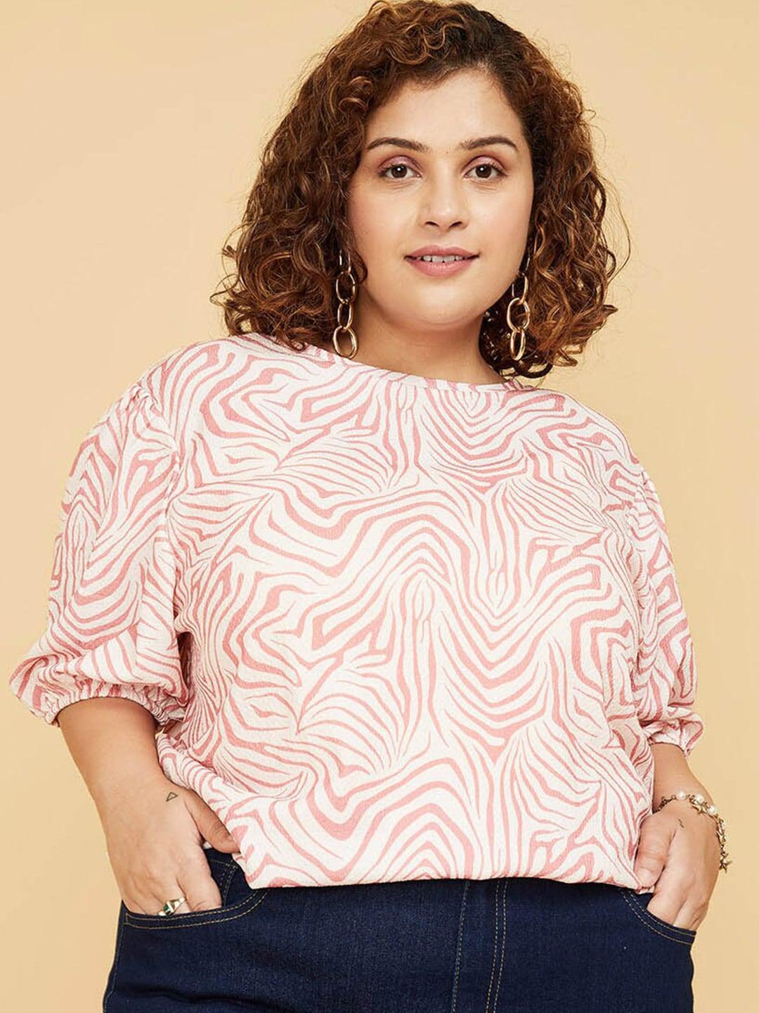 max Plus Size Abstract Printed Puff Sleeves Top