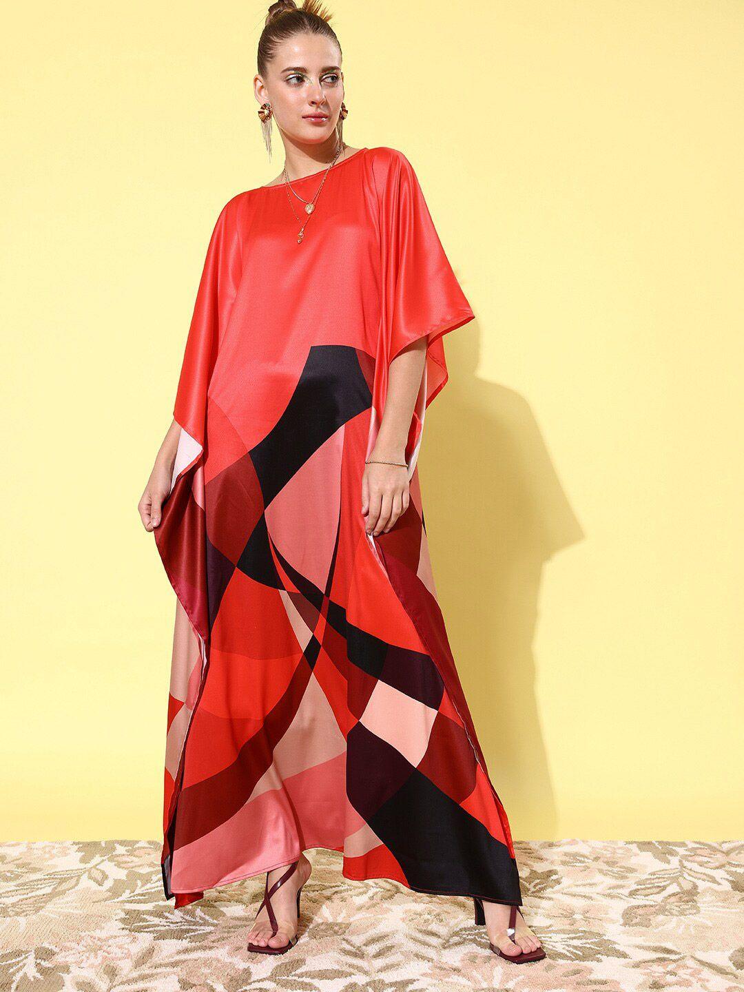 StyleStone Abstract Print Satin Maxi Kaftan Dress
