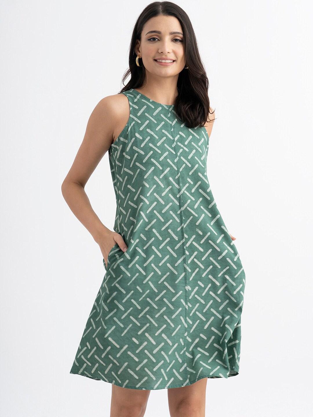 Pink Fort Green & White Print A-Line Dress
