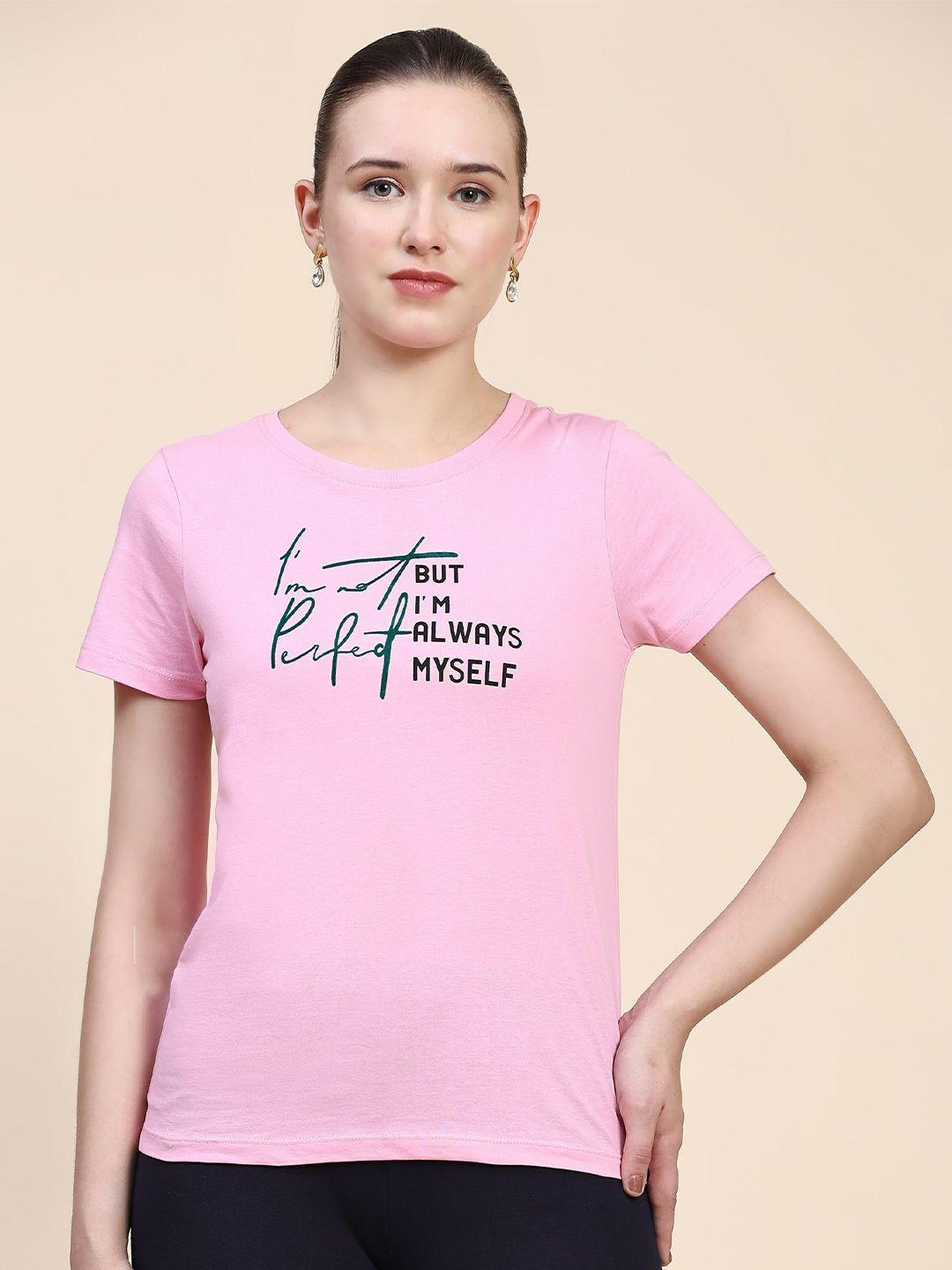 Outflits Women Pink Typography Printed Applique T-shirt