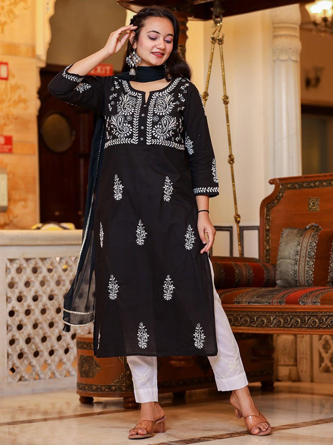 KAAJH Floral Embroidered Chikankari Pure Cotton Kurta with Trousers & With Dupatta