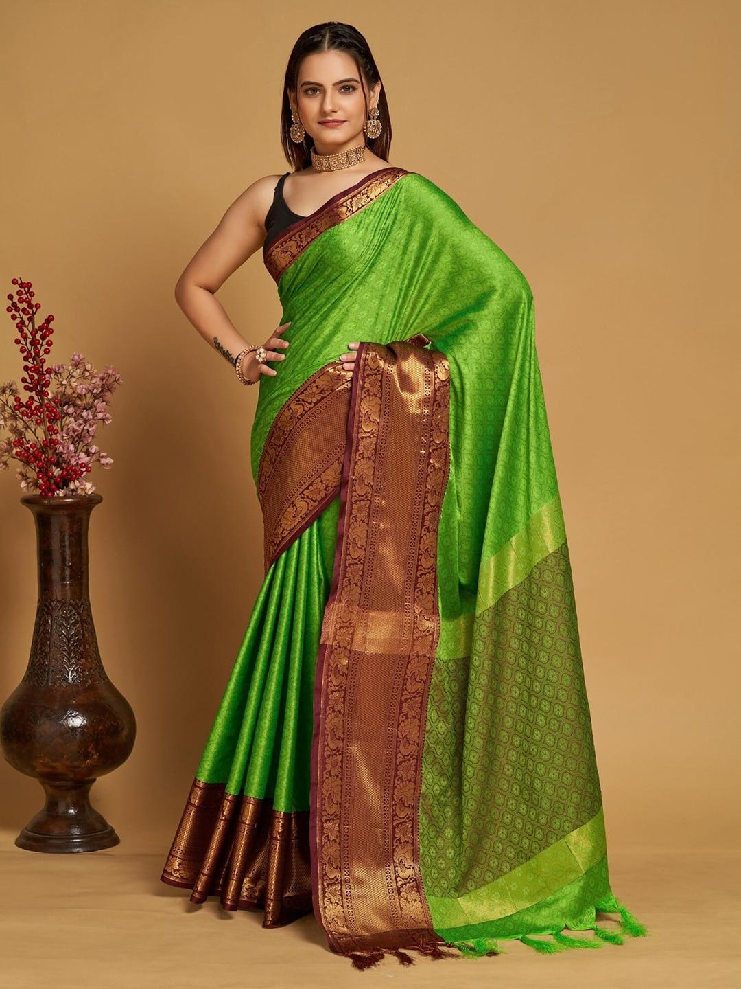 Mitera Green & Purple Woven Design Zari Silk Cotton Banarasi Saree