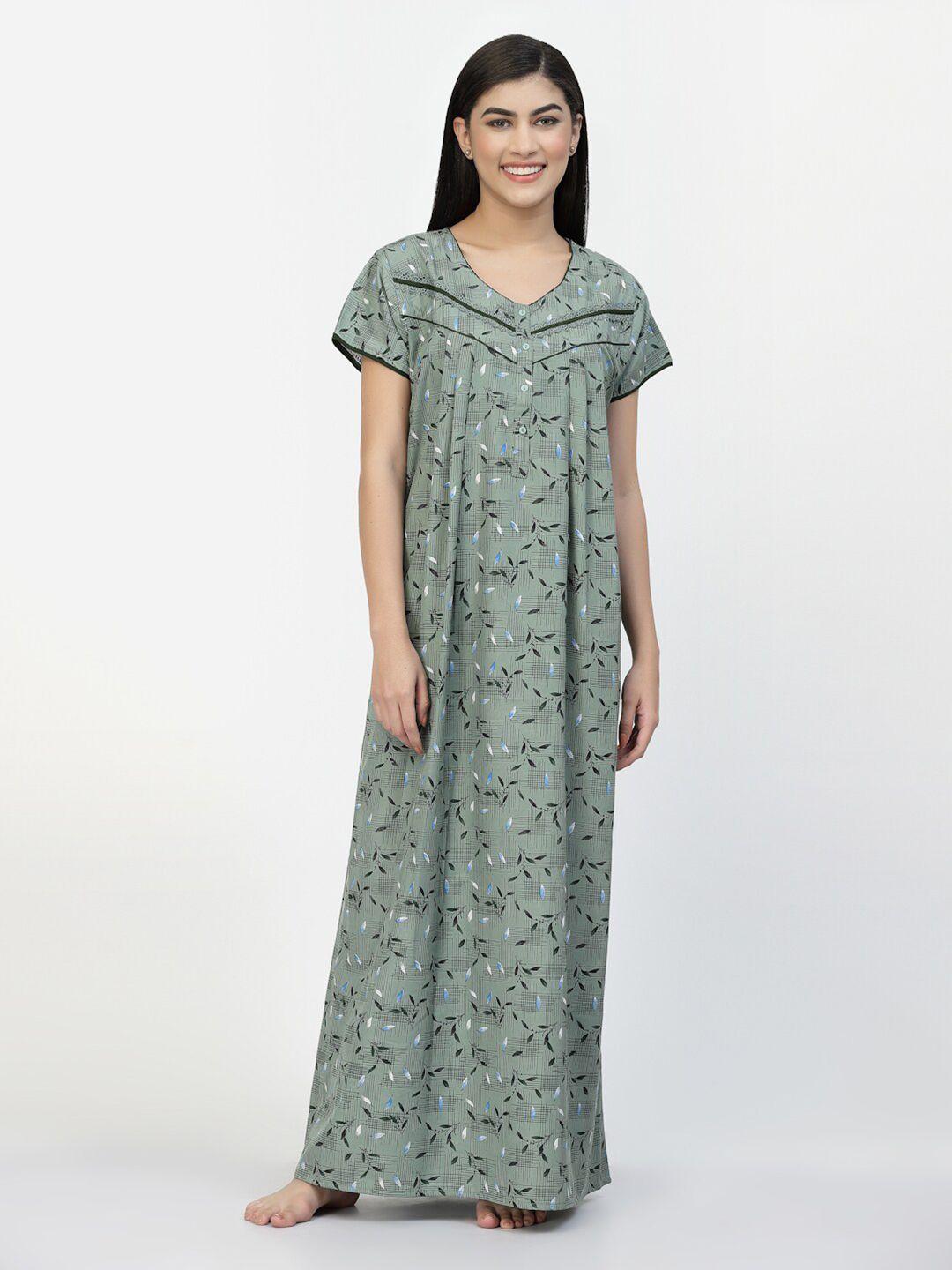 Sweet Dreams Green Floral Printed Pure Cotton Maxi Nightdress