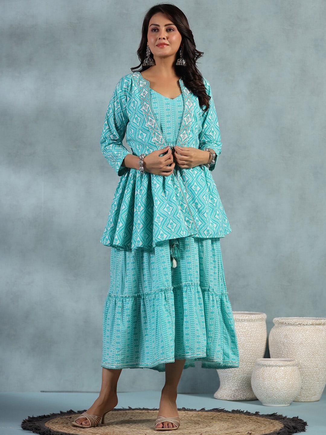 etnicawear-ethnic-motifs-printed-tiered-fit-&-flare-pure-cotton-ethnic-dress-with-jacket