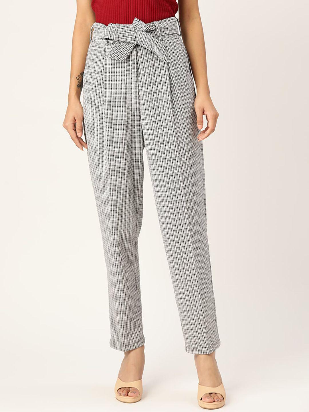Zastraa Women Grey Striped Smart Tapered Fit High-Rise Pleated Trousers