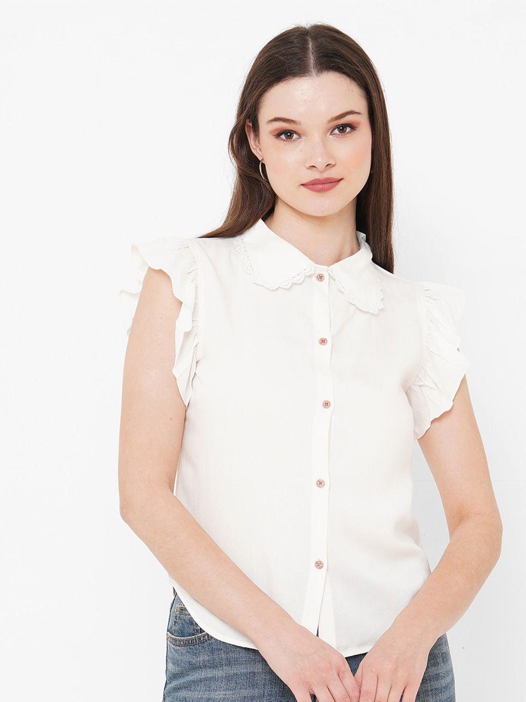 MISH Off-White Flutter Sleeves Lace Insert Shirt Style Top