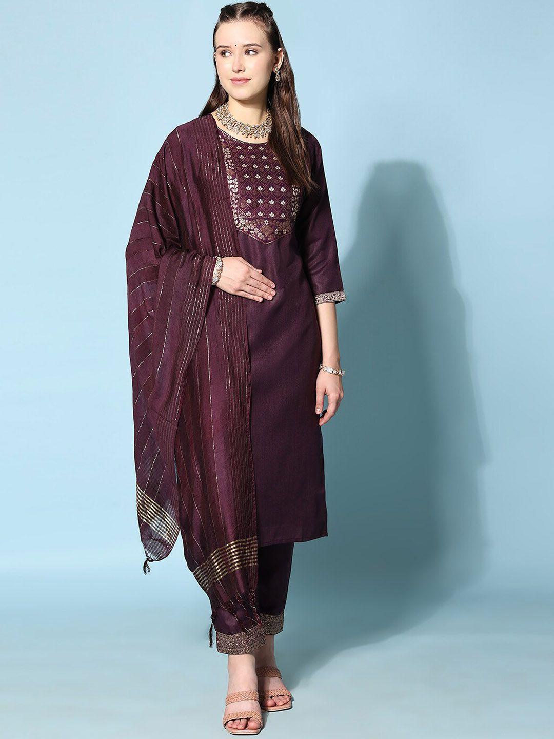 Ziva Fashion Ethnic Motifs Yoke Design Thread Work Kurta with Trousers & With Dupatta