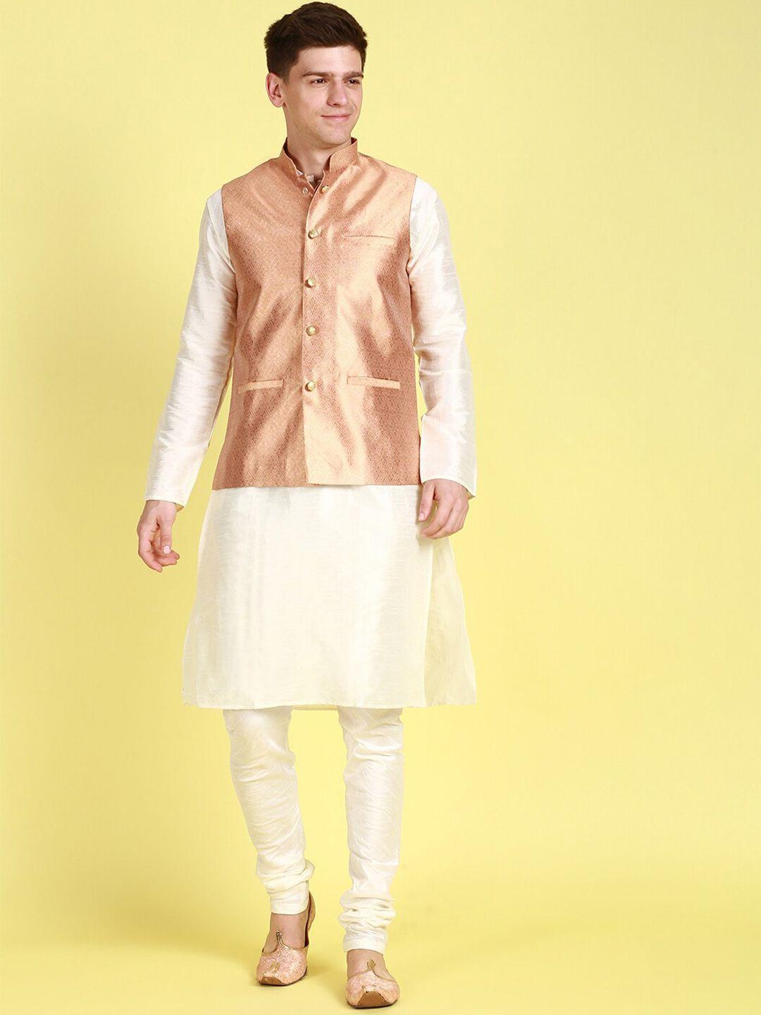 Sanwara Mandarin Collar Straight Kurta with Churidar & Nehru Jacket
