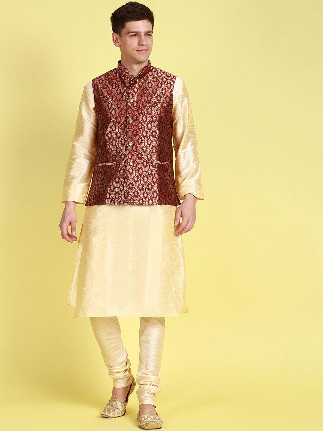 Sanwara Mandarin Collar Straight Kurta with Churidar & Nehru Jacket