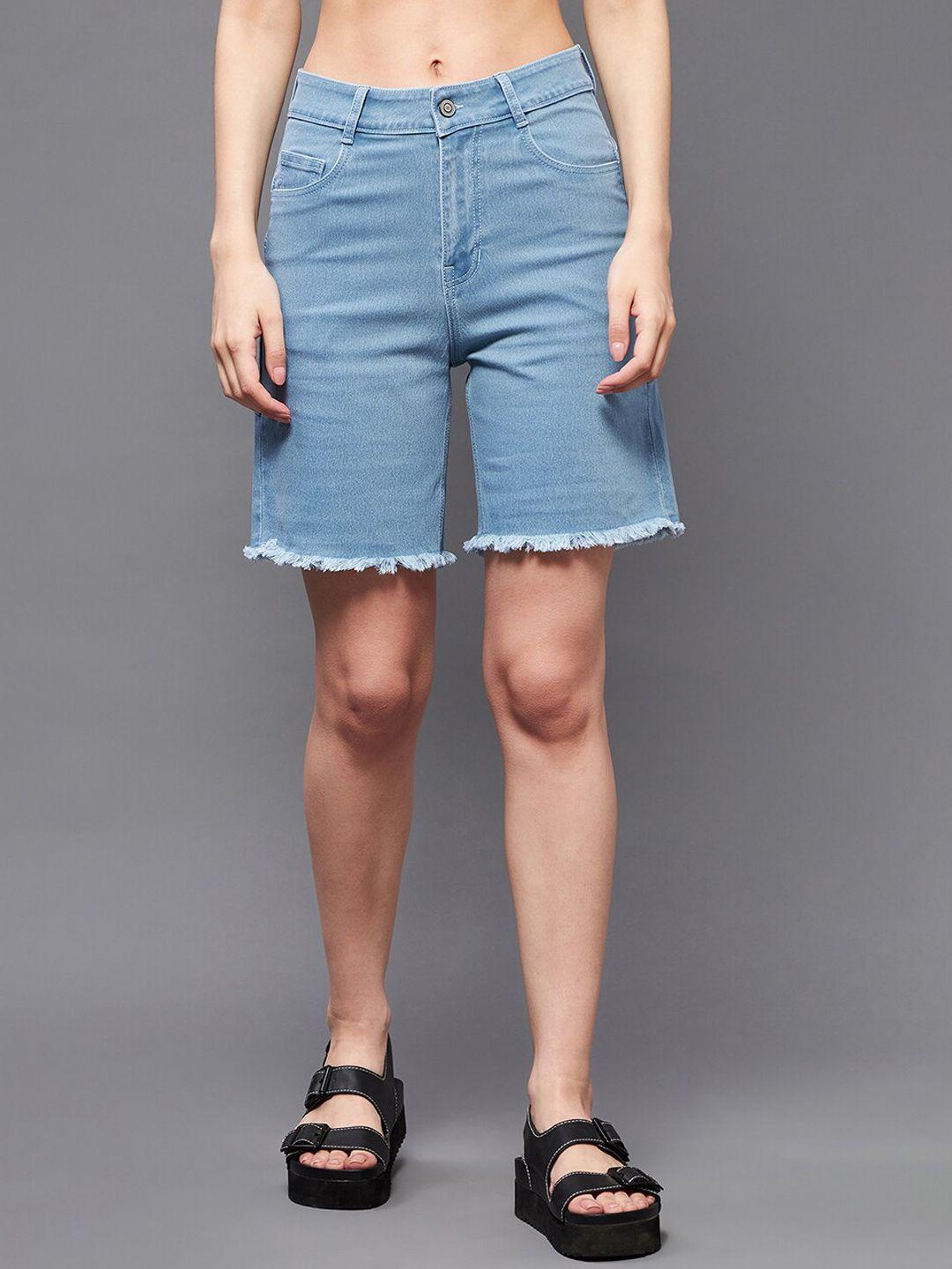 Miss Chase Women Blue Mid-Rise Frayed Denim Shorts