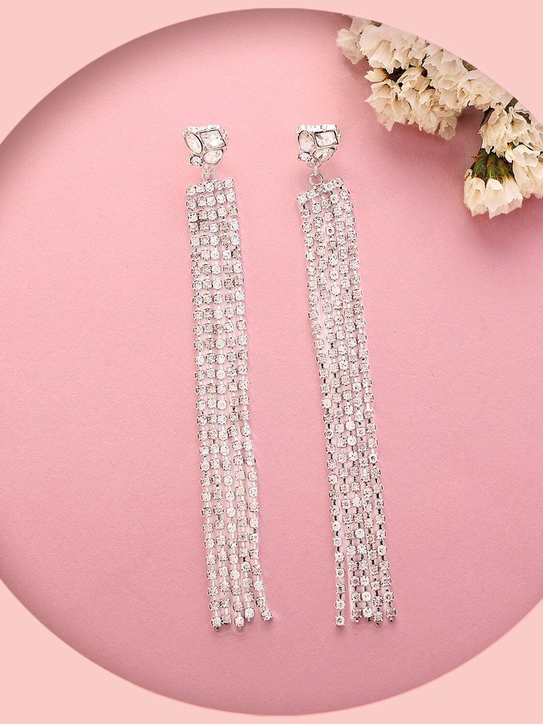Lilly & sparkle Silver-Plated Contemporary Crystal Studded Tasselled Drop Earrings