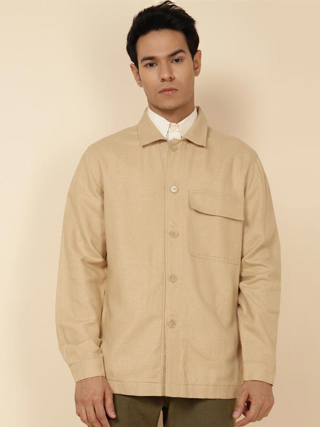fabindia-men-beige-striped-longline-tailored-jacket-with-embroidered