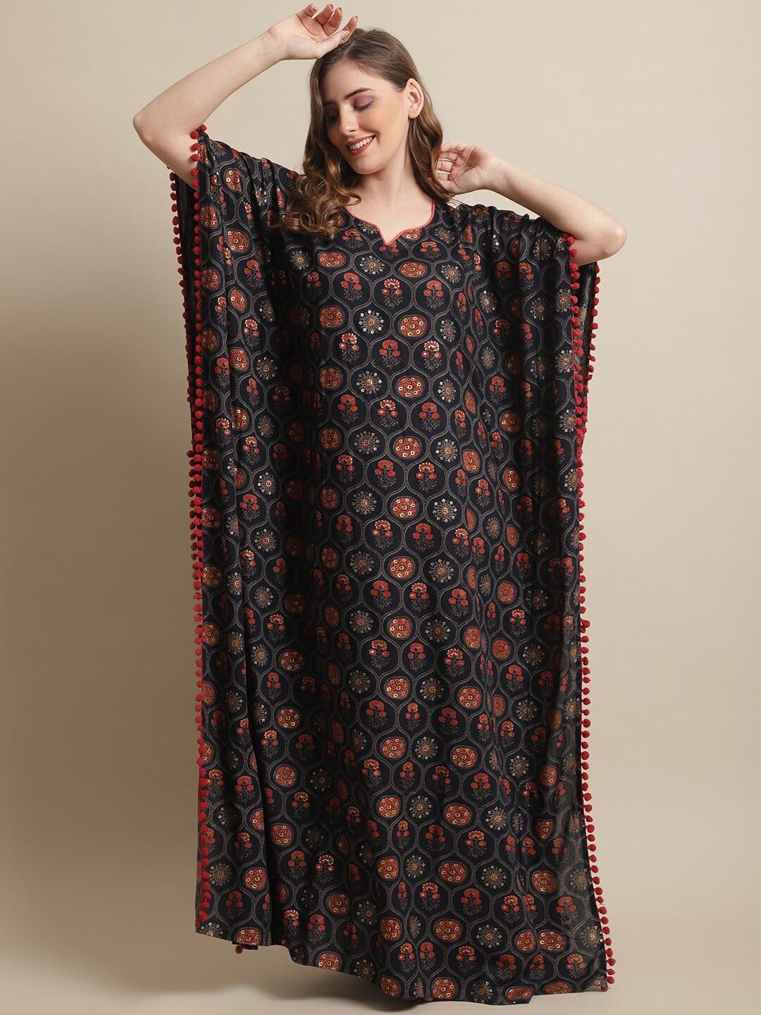 Claura Navy Blue & Red Ethnic Motifs Printed Pure Cotton Maxi Nightdress