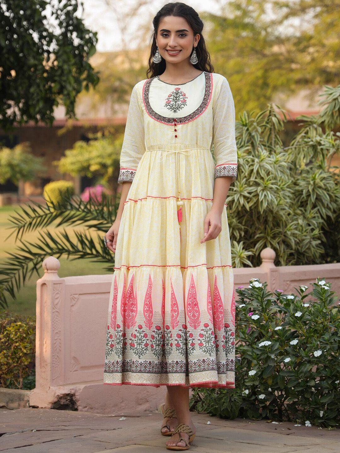 Juniper Yellow & Pink Printed Cotton Tiered Midi-Length Ethnic Dresses