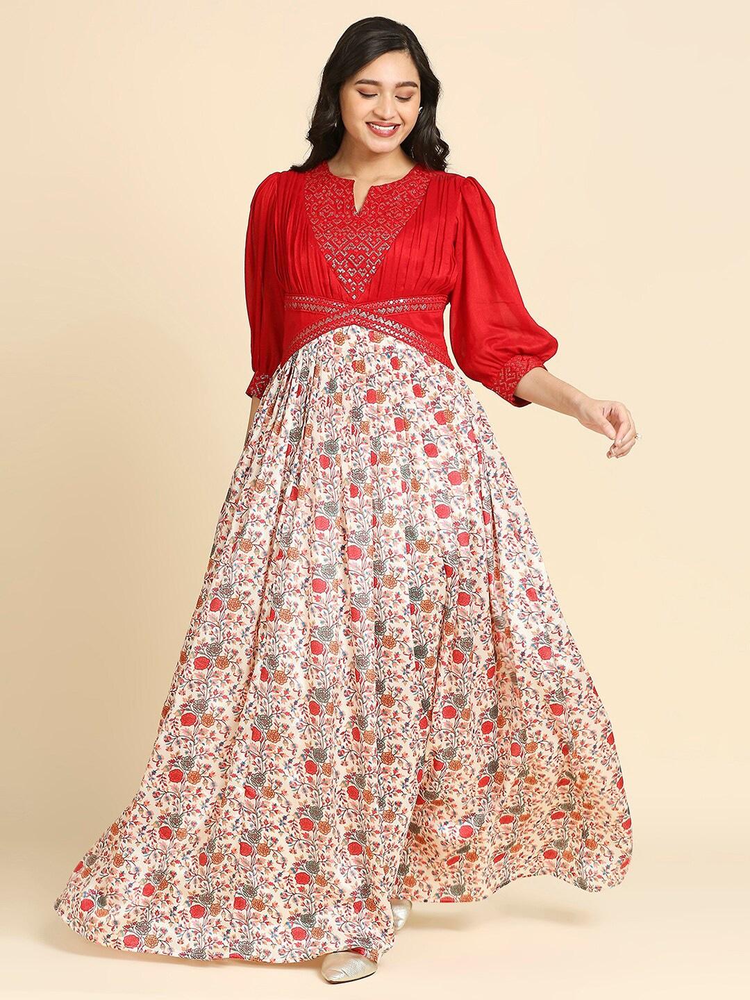 MADHURAM Floral Printed Embellished Fit & Flare Maxi Dress