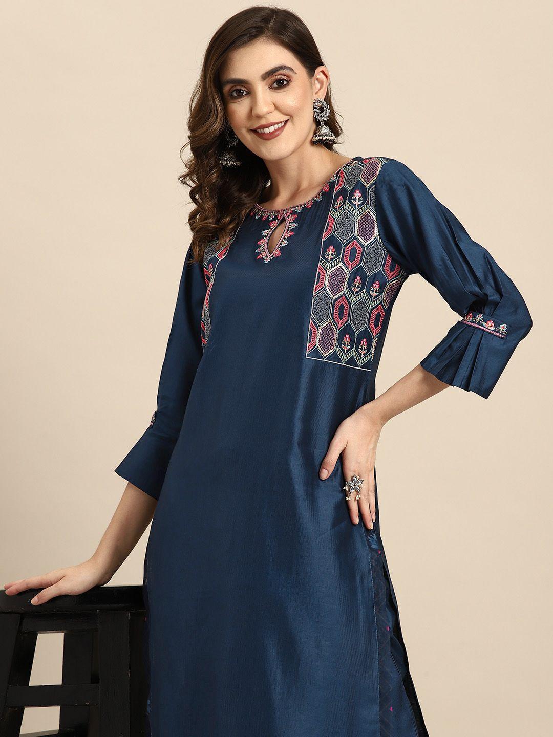 Sangria Floral Embroidered Sequinned Kurta With Trousers