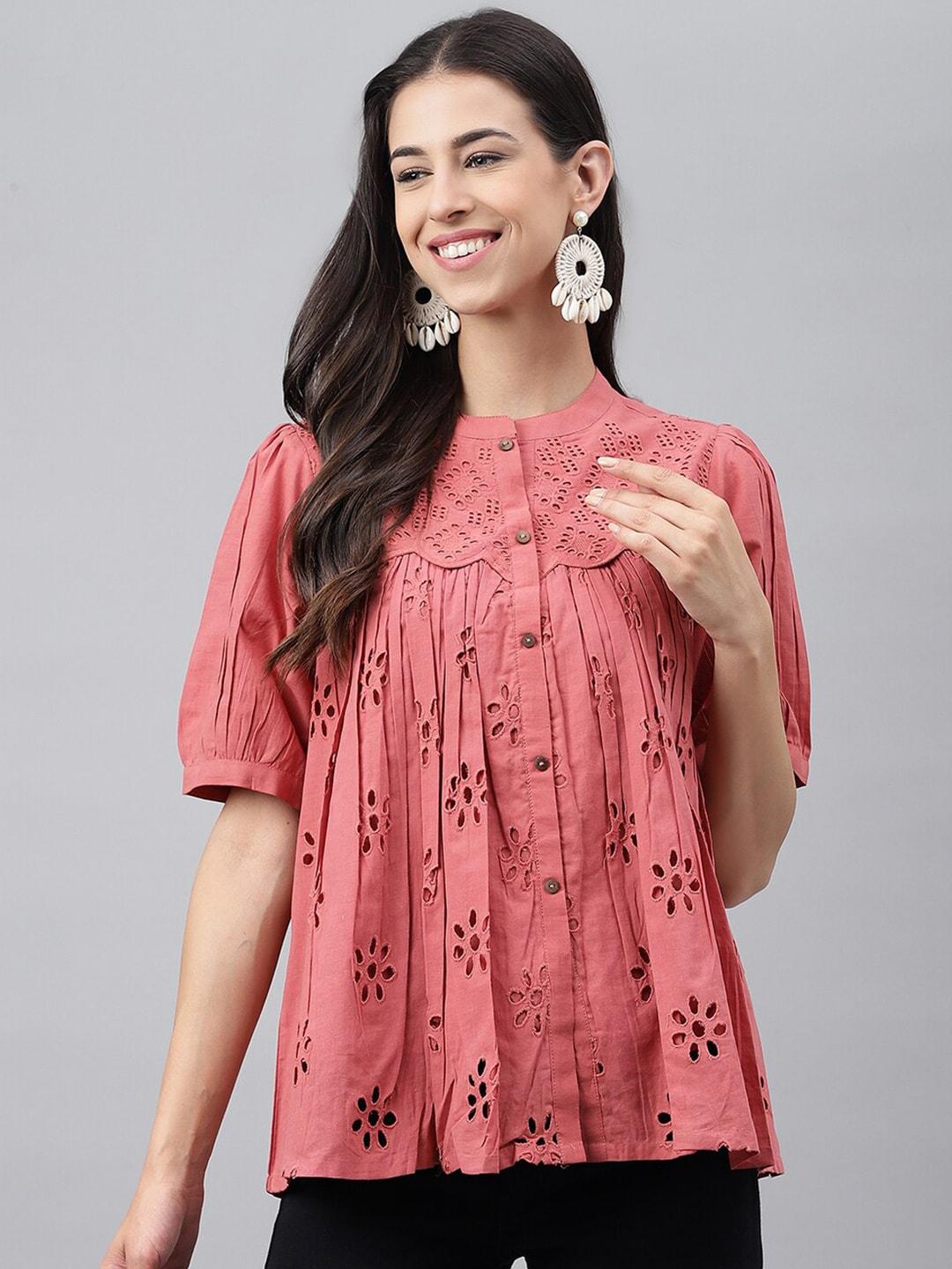 Janasya Pink Self Design Mandarin Collar Puff Sleeves Schiffli Gathered Cotton A-Line Top