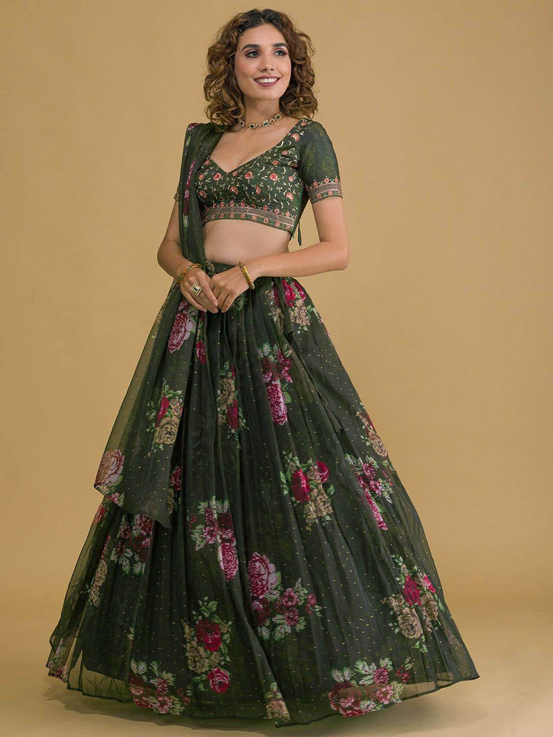 FABPIXEL Floral Embroidered Thread Work Semi-Stitched Lehenga Choli With Dupatta