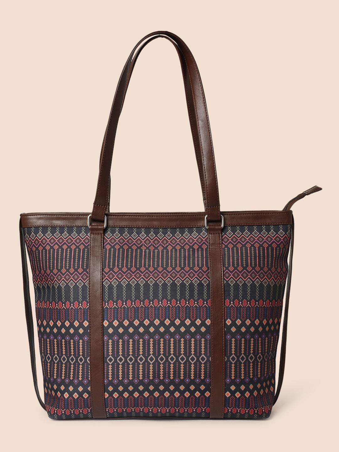 anouk-black-&-brown-geometric-printed-structured-tote-bag