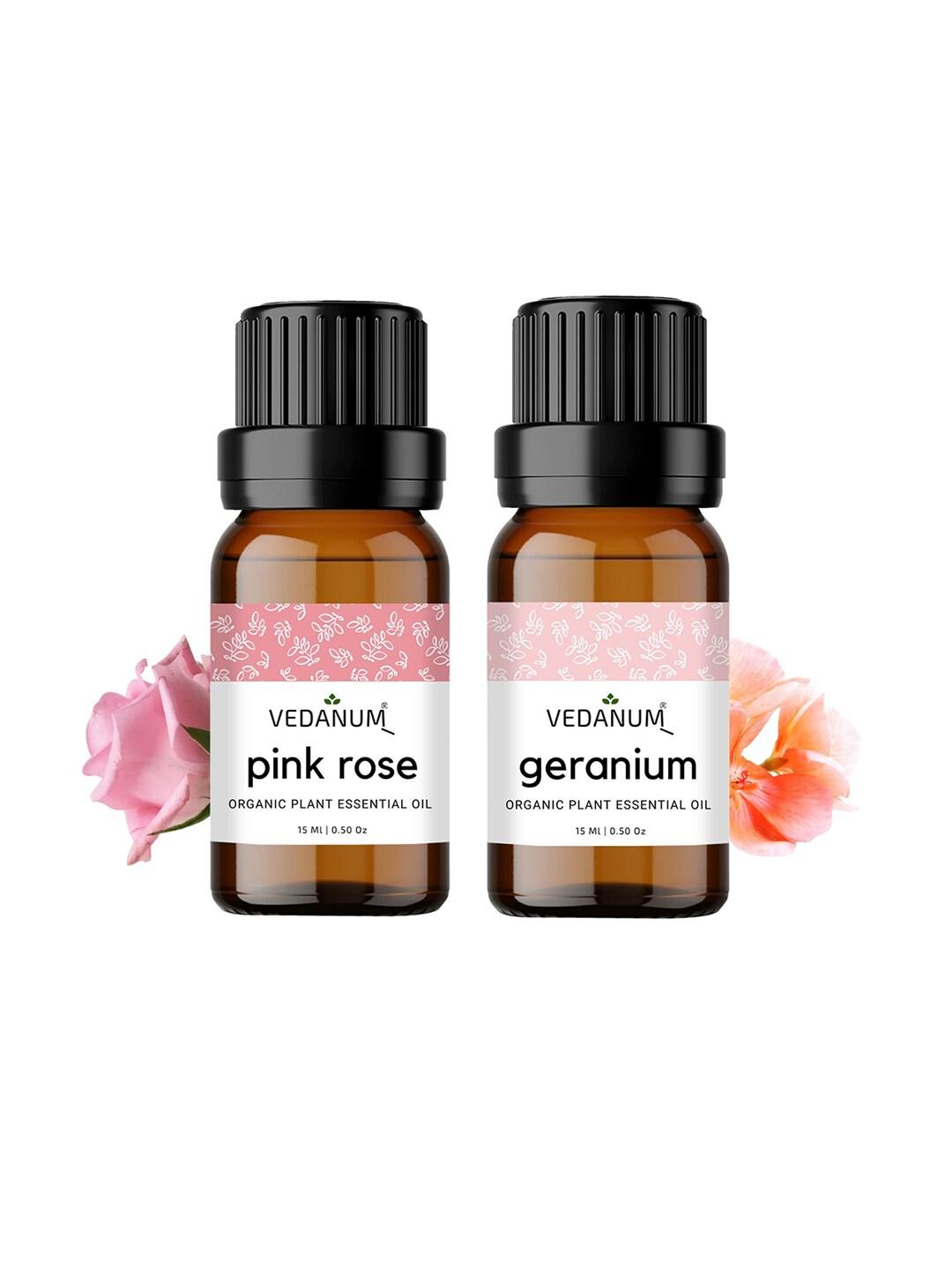 VEDANUM Set of 2 Organic Plant Essential Oils 15 ml Each - Pink Rose and Geranium