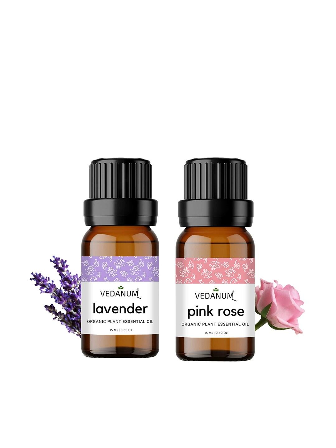 VEDANUM Set of 2 Organic Plant Essential Oils 15ml each - Lavender & Pink Rose