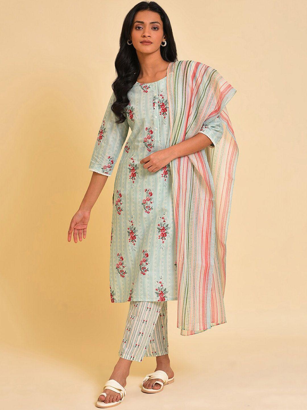 w-green-&-pink-floral-printed-pure-cotton-kurta-with-trousers-&-dupatta