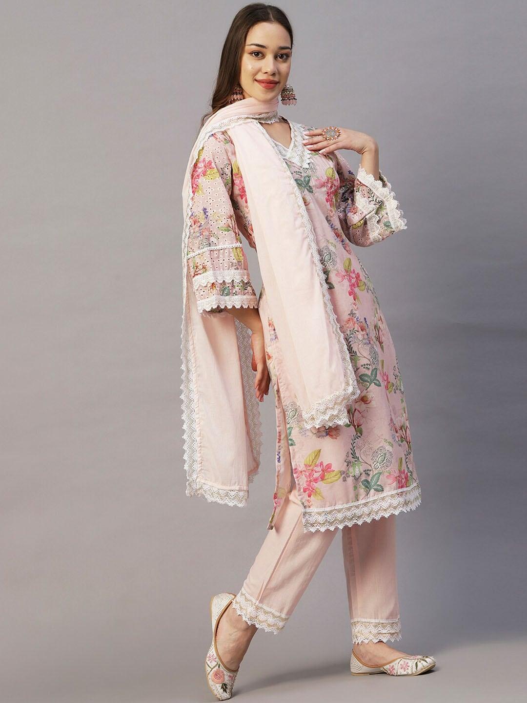 FASHOR Peach-Coloured Floral Printed Lace Pure Cotton Kurta with Trousers & Dupatta