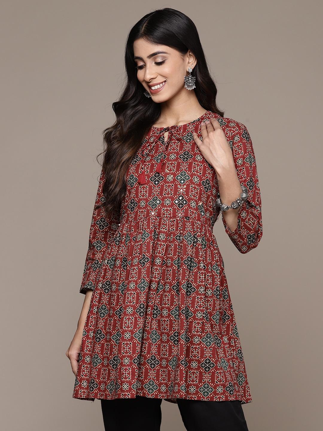 Anubhutee Ethnic Motifs Printed Tie-Up Neck Pure Cotton Sequinned Pleated Kurti