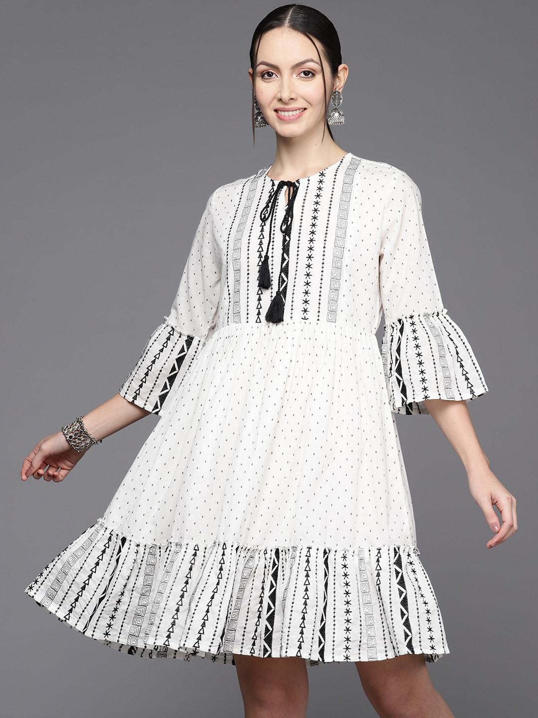Indo Era Embroidered Tie-Up Neck Bell Sleeves A-Line Dress