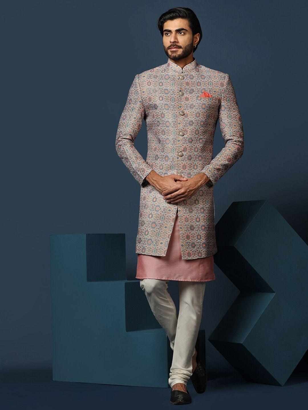 KISAH Self-Design Cotton Sherwani Set