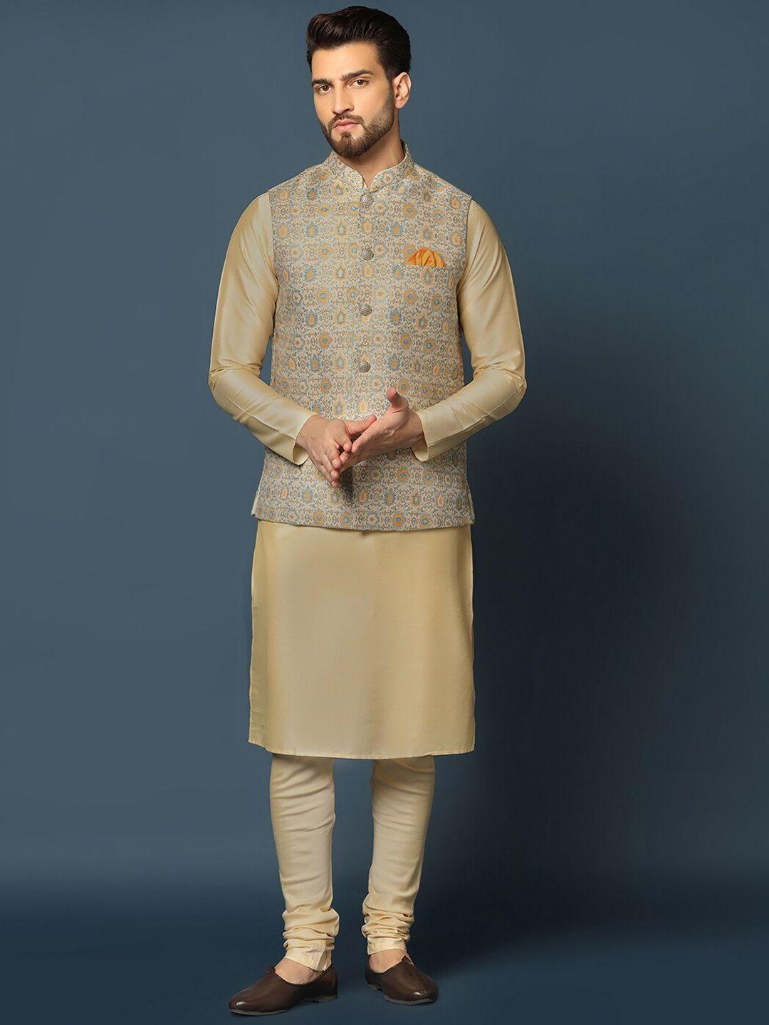 KISAH Mandarin Collar Regular Kurta with Churidar & Printed Nehru Jacket