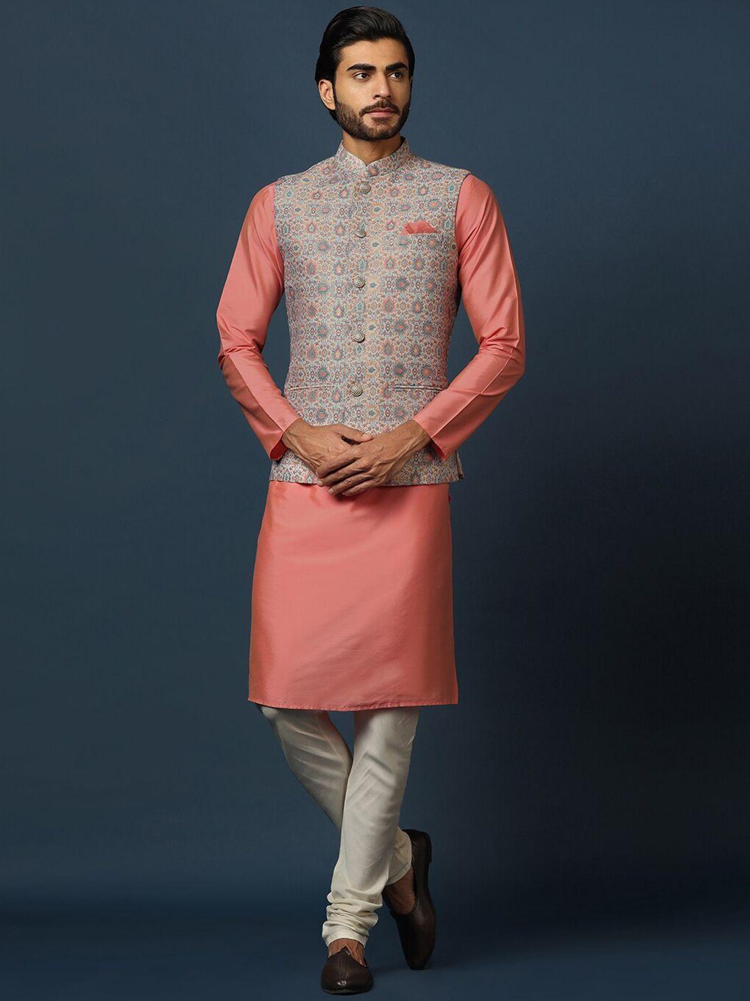 kisah-mandarin-collar-regular-kurta-with-churidar-&-printed-nehru-jacket