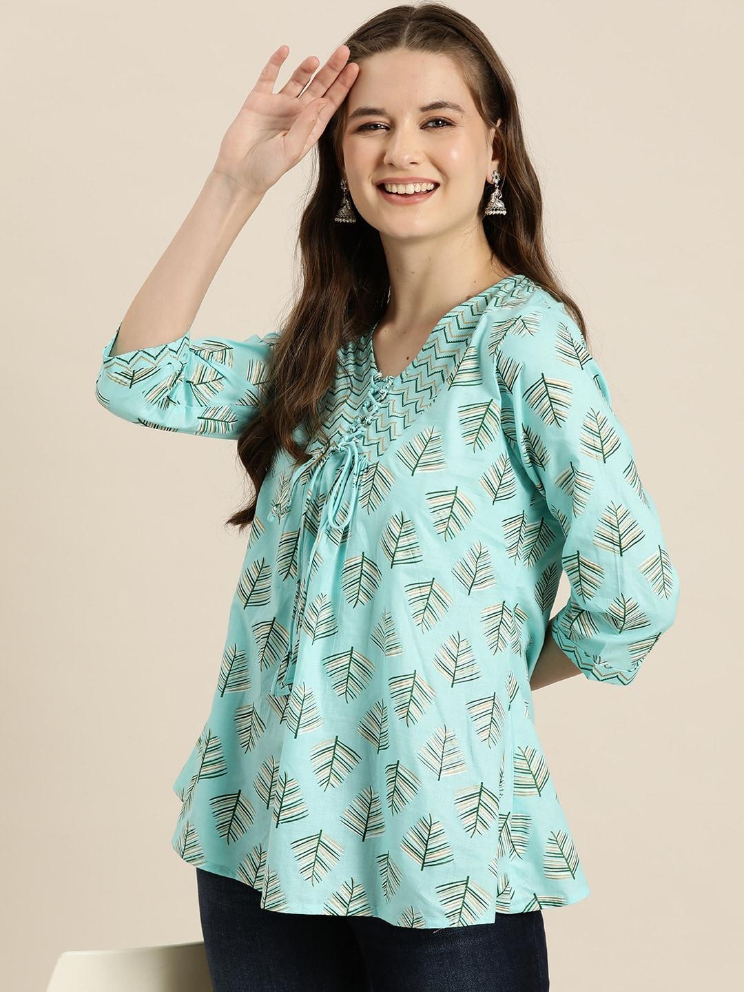 HERE&NOW Floral Printed Lace-Up Detail Pure Cotton Kurti