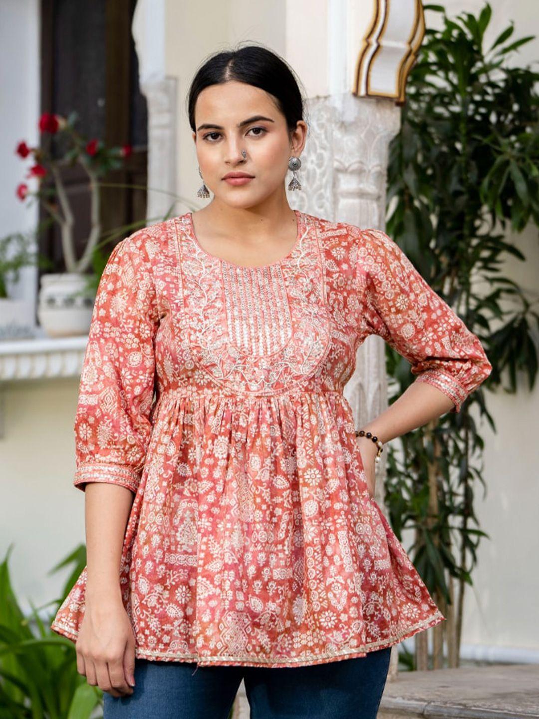 kalini-floral-printed-cuffed-sleeves-gathered-cotton-peplum-top