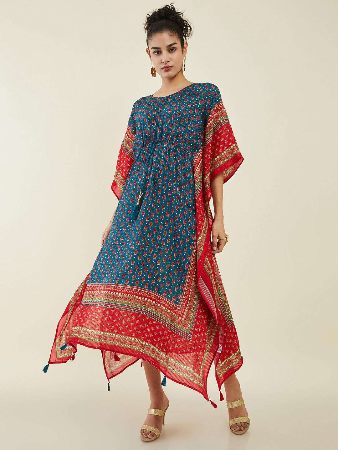 soch-teal-blue-ethnic-motifs-printed-sequined-kaftan-midi-ethnic-dress