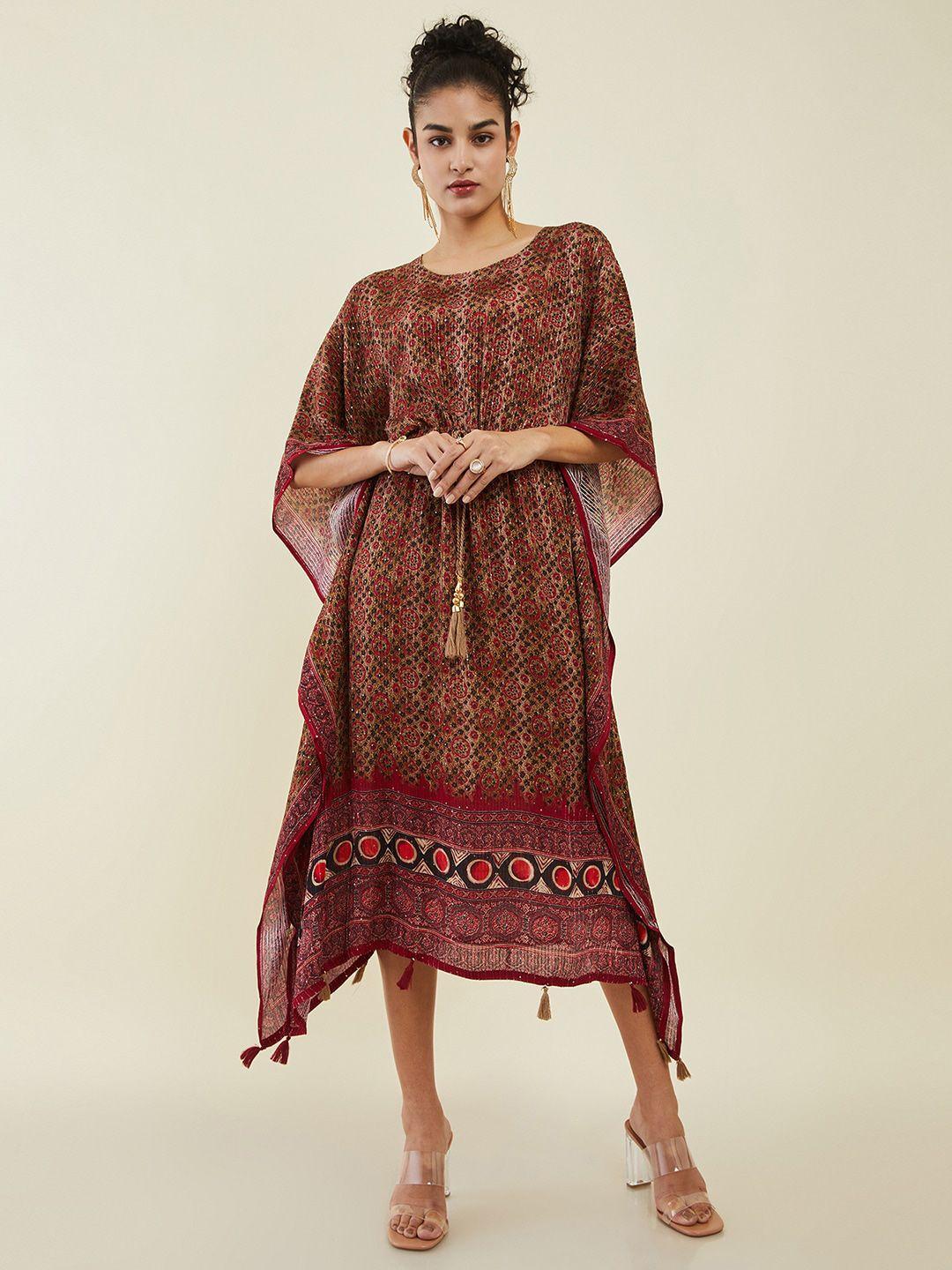 soch-brown-ethnic-motifs-printed-sequined-kaftan-midi-ethnic-dress