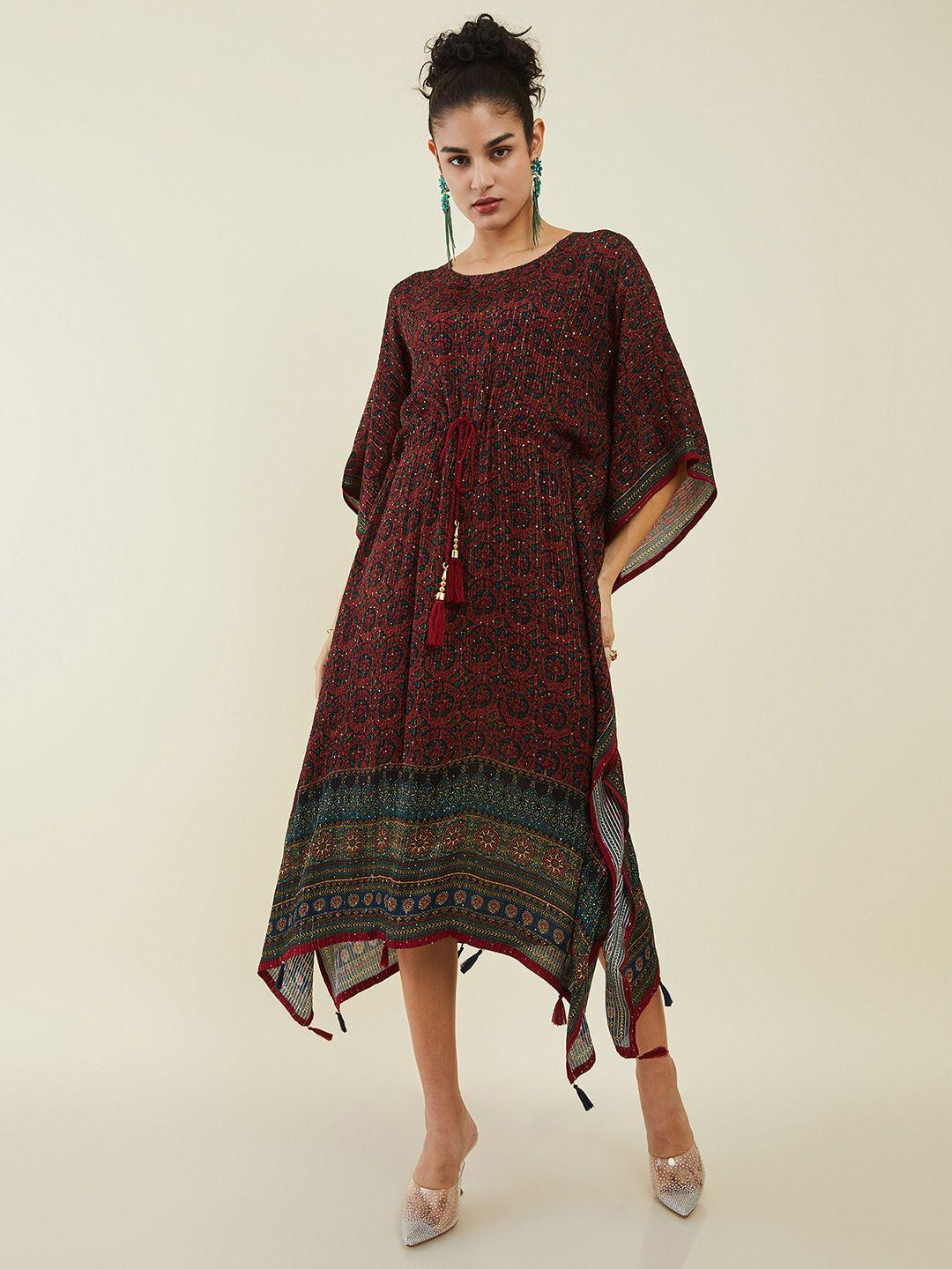 soch-maroon-ethnic-motifs-printed-sequined-kaftan-midi-ethnic-dress
