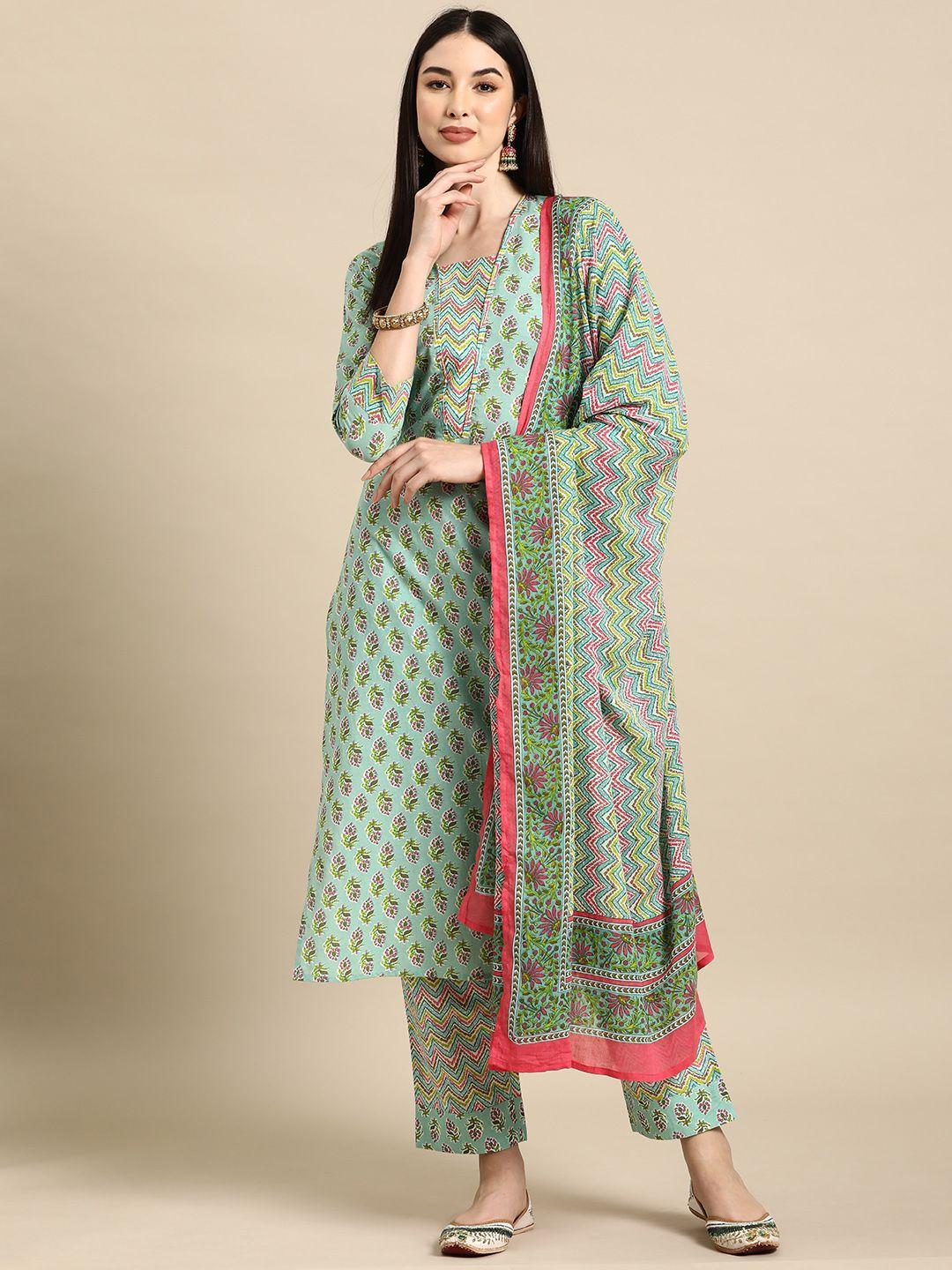anayna Women Floral Printed Pure Cotton Kurta with Trousers & With Dupatta