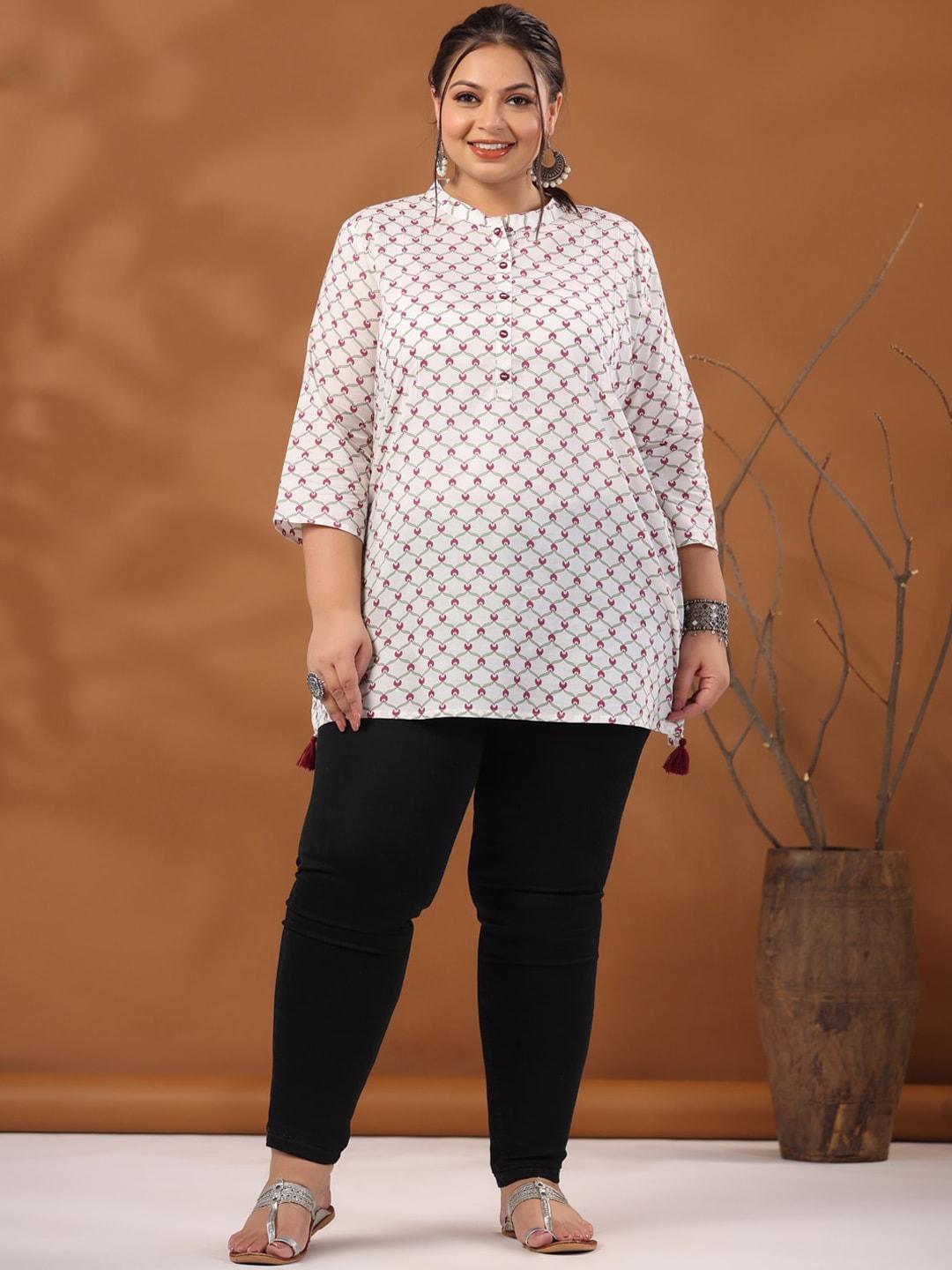 jaipur-kurti-white-&-green-plus-size-printed-mandarin-collar-pure-cotton-kurta