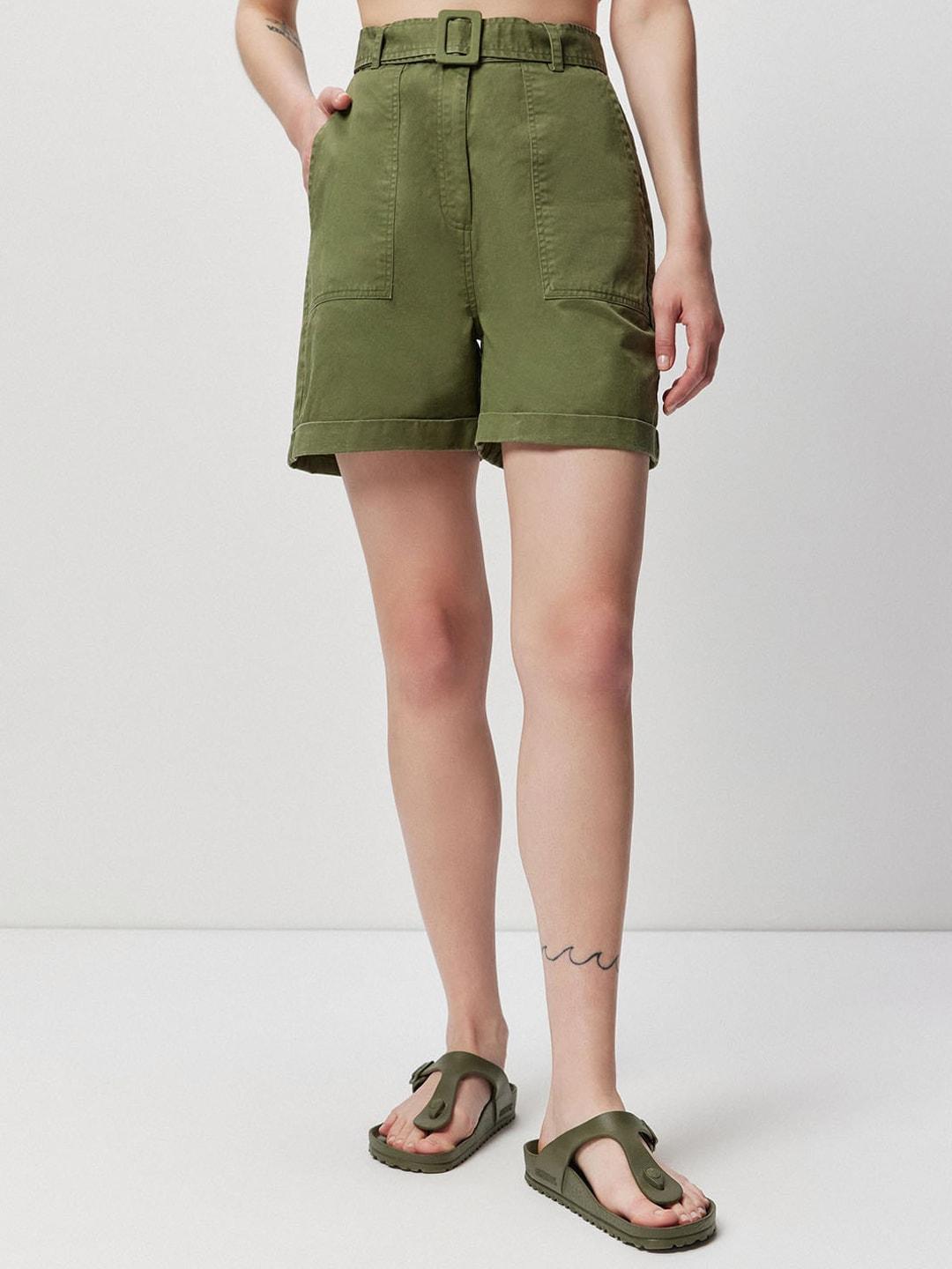 COVER STORY Women Olive Green High-Rise Twill Weave Pure Cotton Shorts