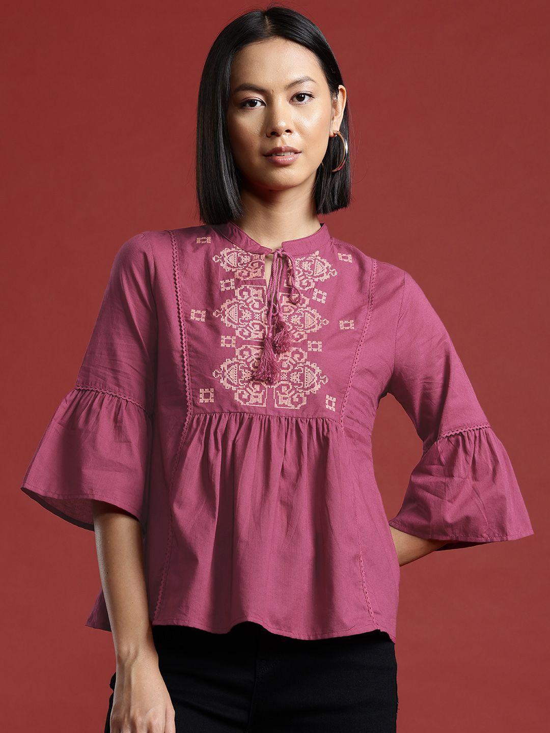 all about you Pink Embroidered Tie-Up Neck Bell Sleeves Pure Cotton Top
