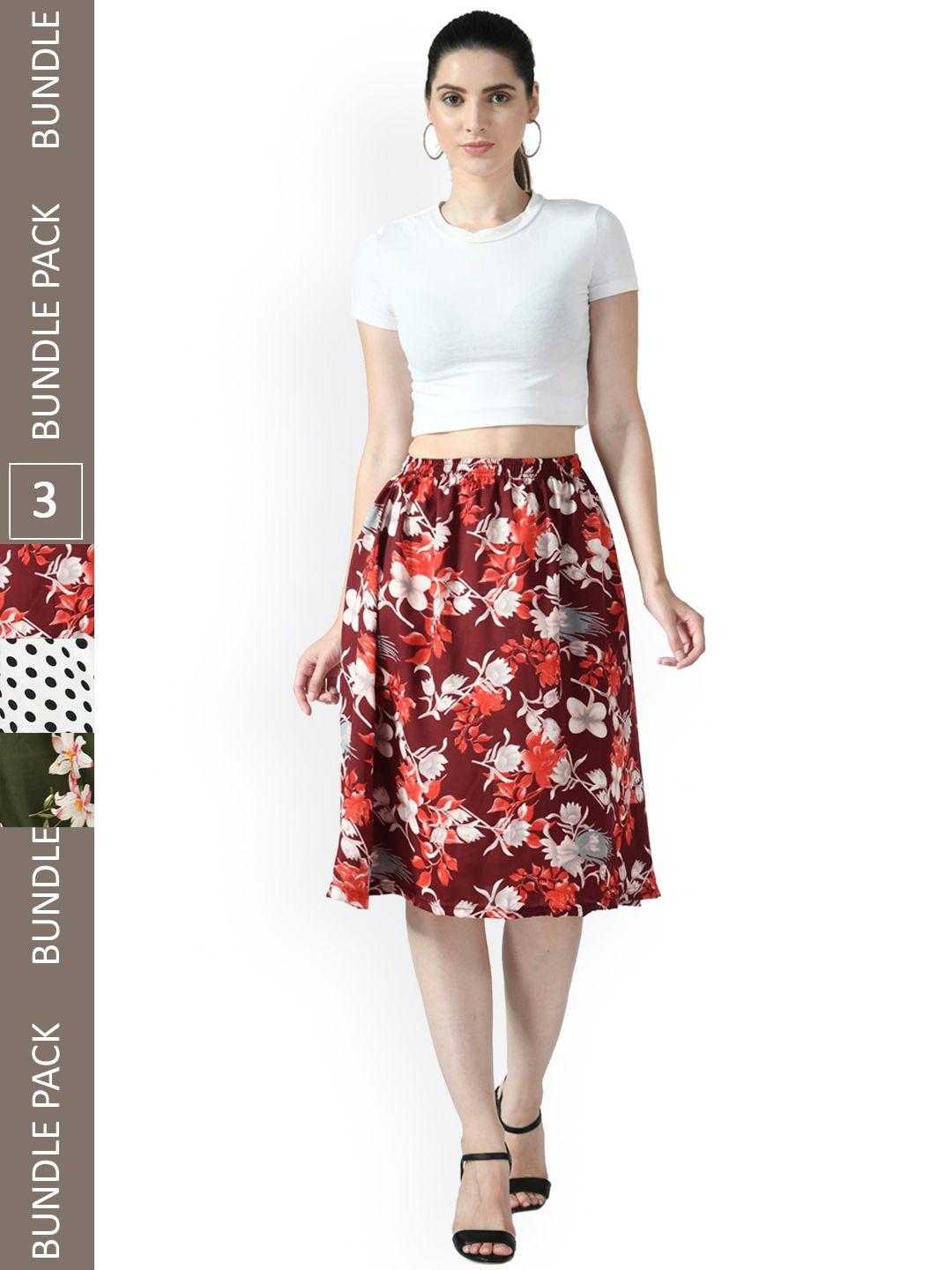 IndiWeaves Pack of 3 Floral Printed A-line Midi Skirts