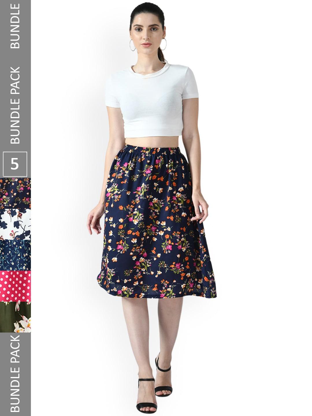 IndiWeaves Pack of 5 Floral Printed Flared Midi Skirts